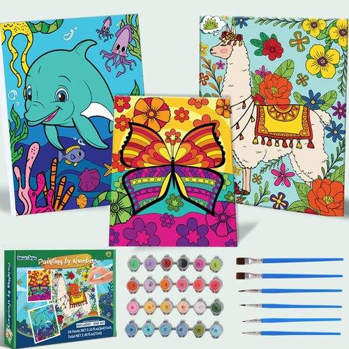 Paint by Number Kit for Kids, 3 Pack 8x10 Inch Easy Framed Canvas With 24x3ml Acrylic Paints Pots, 6 Brushes, Sip And Paint Kit For Kid, Canvas Painting Set, Canvas Boards For Painting With Design