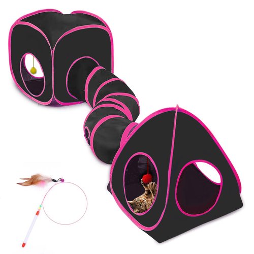 Maikolerfeng Cat Tunnels for Indoor Cats, Cat Tent, Cat Cube and Feather Cat Toy Collapsible Combo, with Interactive Cat Toy Ball, Cat Toy Set for Indoor Cat, Ferret, Guinea Pig, Rabbit, Bunny, Pink