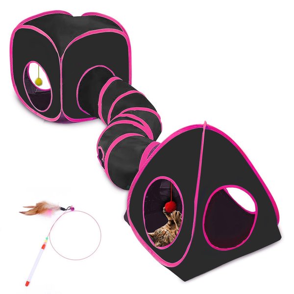 Maikolerfeng Cat Tunnels for Indoor Cats, Cat Tent, Cat Cube and Feather Cat Toy Collapsible Combo, with Interactive Cat Toy Ball, Cat Toy Set for Indoor Cat, Ferret, Guinea Pig, Rabbit, Bunny, Pink