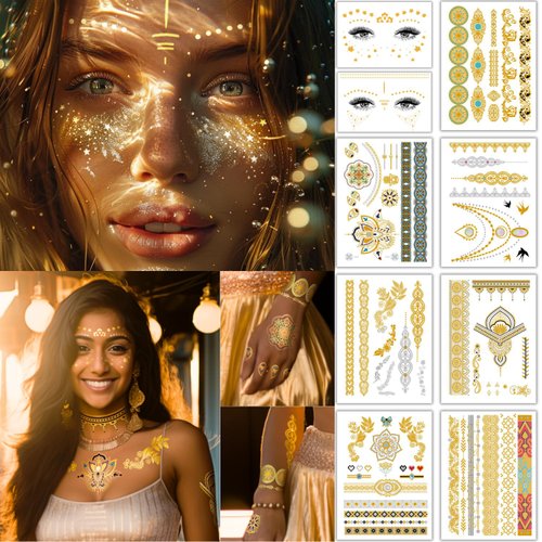 Glitter Freckles Gold Temporary Tattoo Set, Bachelorette Tattoos for Face & Body, 90+ Gold Henna Makeup Fake Tattoos for Women Girls Teens Kids Bride for Party Beach Festivals Cosplay Dates, 9 Sheets