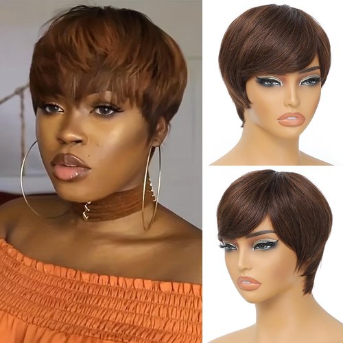 XC CLOUDS Pixie Cut Wigs For Black Women Wear And Go Human Hair Wigs Short Brown Wig With Bangs Layered Wavy Style Wigs With Bangs Full Machine Made Wigs (Brown)