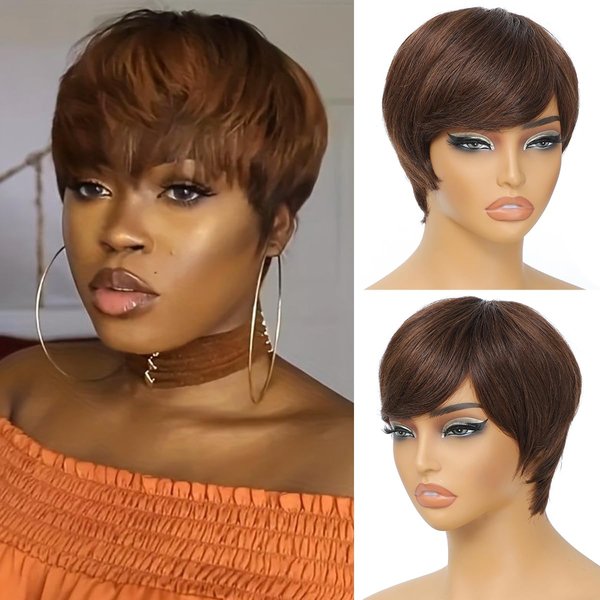 XC CLOUDS Pixie Cut Wigs For Black Women Wear And Go Human Hair Wigs Short Brown Wig With Bangs Layered Wavy Style Wigs With Bangs Full Machine Made Wigs (Brown)