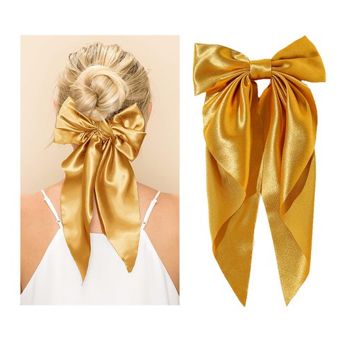 Yuyeran Super Big Bow Hair Clips French Style Soild Color Knotted Bowknot Spring Snap Barrettes Hair Clips with Long Ribbon for Women Girls (Gold)