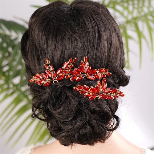 Kercisbeauty 3pcs Red Crystal Hair Piece Set Rhinestones Hair Pins for Wedding Brides Bridesmaid Women Girls Speical Occasion Jewelry for Updo Hair (Red)