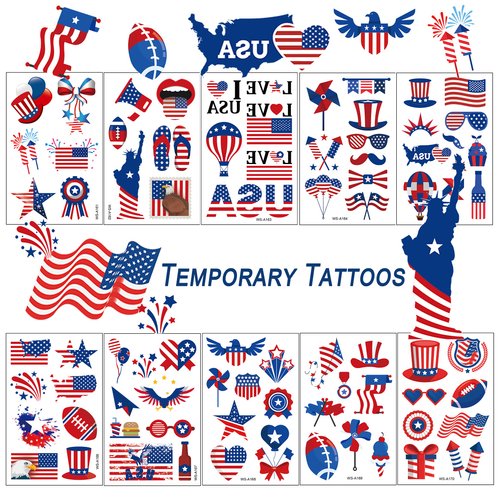 TopFunny Temporary Tattoos, 90Pcs Independence Day Tattoos (10 Sheets) American Flag Red White & Blue Design USA Body Art Patriotic Stickers for Labor Day Memorial Day Decoration Party Supplies Flags