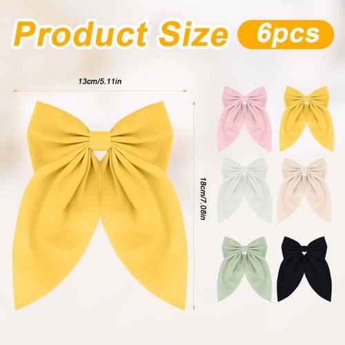 6pcs Silk Bow Hair Clips, 5.12 Inch Soft Bowknot Barrettes Cute Duckbill Satin Hair Clips Colorful Metal Kawaii Ribbon Hair Clips Accessories for Women Girls