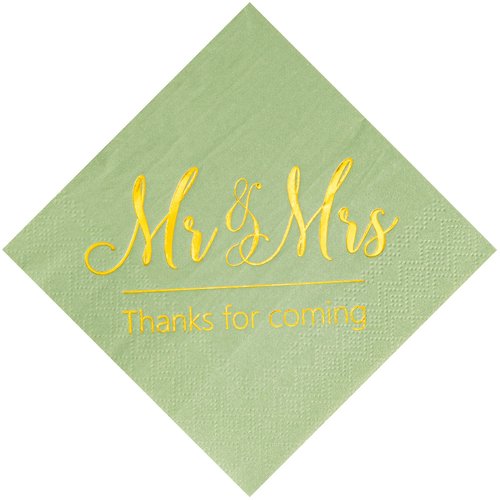 Crisky Sage Green Wedding Napkins Mr & Mrs Gold Cocktail Beverage Dessert Napkins for Wedding Shower Engagement Party Decorations, Wedding Cake Table Decor Supplies 100 Pcs, 3-Ply