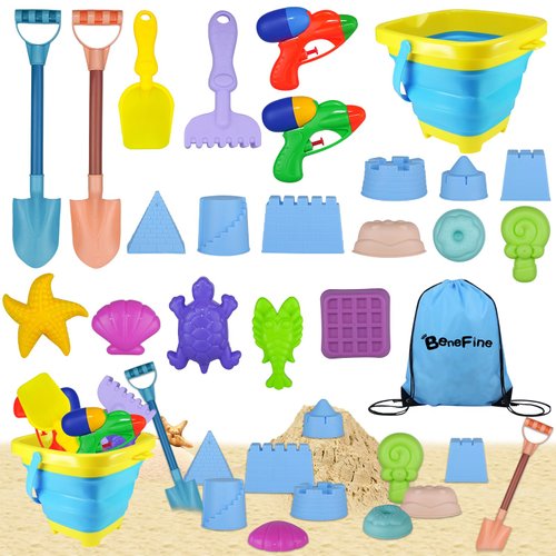 BeneFine 21 Piece Beach Toys, Sand Toys,Folding Bucket,Dessert Mold,Animal Mold,Castle Sand Mold,Water Squirt Guns,Beach Shovel Tool Kit, Fun Outdoor Games Beach Accessories for Boys Girls
