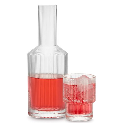 Bedside Carafe and Glass Set, Gencywe 28 OZ Pitcher & 6 OZ Cups, Vintage Glass Bedside Water Serving Carafe for Kitchen, Bedroom, Clear Juice Pitcher with Tumbler Glass (2-Piece)
