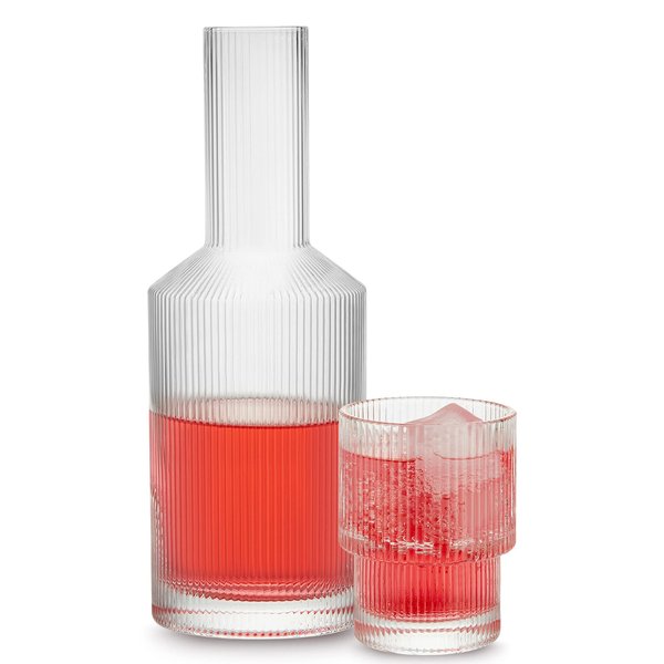 Bedside Carafe and Glass Set, Gencywe 28 OZ Pitcher & 6 OZ Cups, Vintage Glass Bedside Water Serving Carafe for Kitchen, Bedroom, Clear Juice Pitcher with Tumbler Glass (2-Piece)