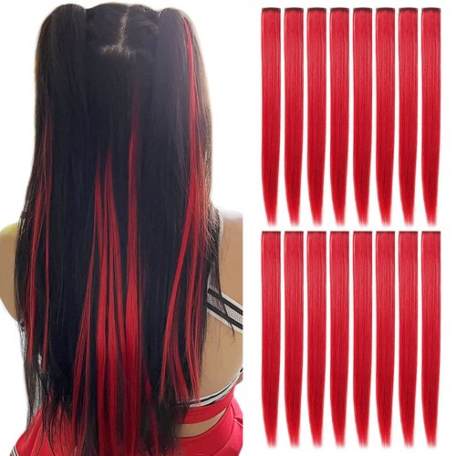SHKJCHP 16 Pcs Straight One Color Party Highlights Clip on in Hair Extensions Colored Hair Streak Synthetic Hairpieces (Red)