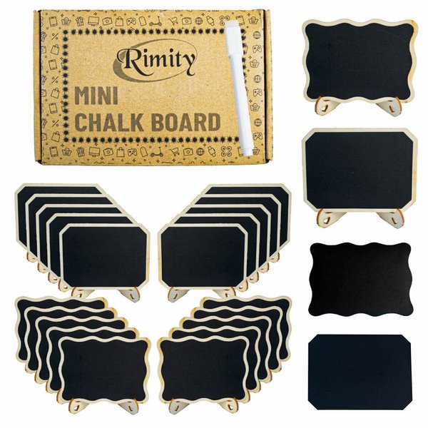 RIMITY 20 Pack Mini Chalkboard Signs for Food with 20 Additional Stickers – Water Based Pen & Support Easels with Wooden Place Cards – Food Labels for Party Buffet Table, Weddings & Decorations