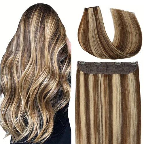 VINBAO Wire Hair Extensions Human Hair 18in 85g Medium Brown Highlighted Caramel Blonde Straight Hair Extensions Human Hair Layered Wire Hair Secret Invisible Extensions (#4P27 18in)