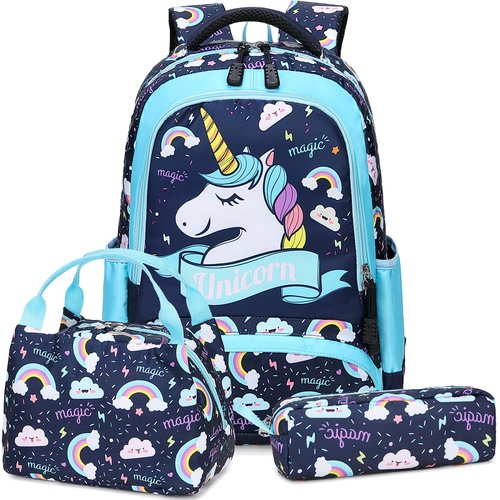 Meisohua Girls School Backpack Unicorn Backpack Elementary School Bookbags for Kids 3 in 1 Sets with Lunch Tote Bag Pencil Bag Blue