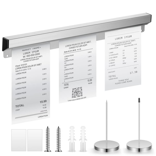 Aluminum Slide Check Rack with 2 Pcs Receipt Holder Spike Desk Receipt Holder Restaurant Ticket Holder Silver Ticket Rail Bill Orders Display Rail for Kitchen Office Cafes Bar Note Organizer(16 Inch)