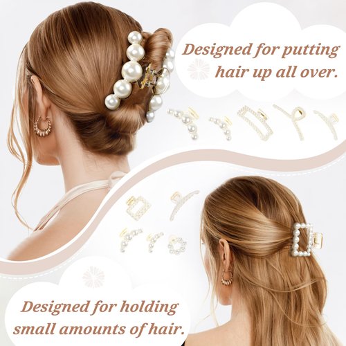 Pearl Hair Accessories for Women - 8PCS Claw Clips for Thick and Thin Hair, Barrettes for Styling and Weddings