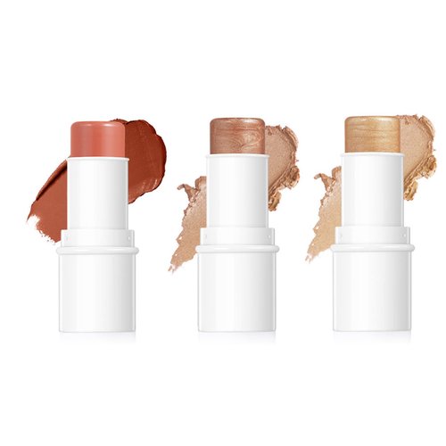 3 Pcs Highlighter Makeup Stick,3 In 1 Cream Blush Highlight Contour Stick for Cheeks Eyes&Lips,Silky Lightweight Texture,Sparkling Waterproof Long Lasting Natural Charming Face Foundation Stick Makeup