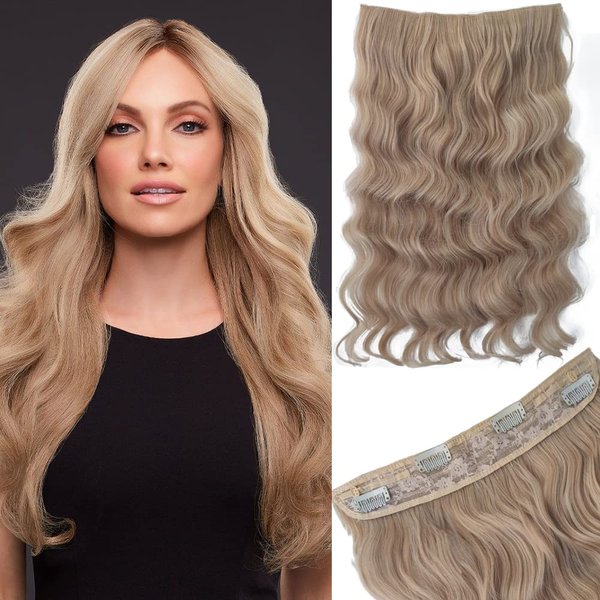 Invisible Wire Hair Extensions with Transparent Wire Adjustable Size 4 Secure Clips Long Wavy Secret Synthetic Hairpiece 24 inch Caramel Blonde mixed Bleached Blonde Synthetic Hair Extension