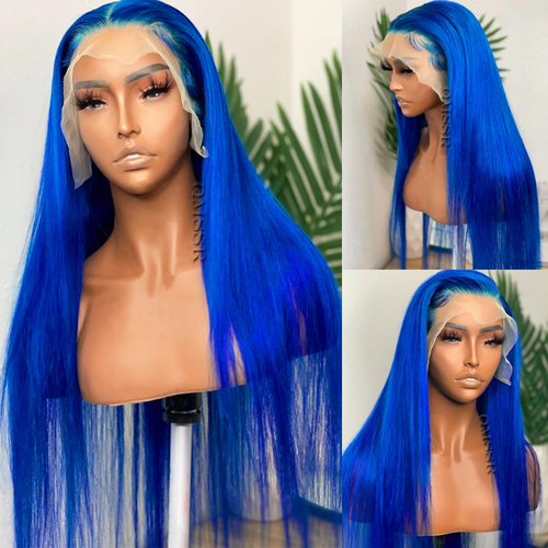 QMSSR Blue Color Long Straight Hair Synthetic Lace Front Wigs for Fashion Women Royal Blue Lace Front Wigs with Baby Hair Heat Resistant Fiber Hair Wig Natural Hairline