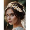 Brishow Flower Wedding Headband Gold Leaf Hair Band Pearl Bridal Hair Accessories for Women