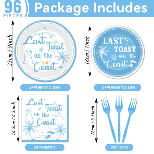 96Pcs Last Toast on the Coast Party Supplies Coastal Bachelorette Paper Plates Napkins Beach Pool Tableware Set Summer Dinnerware for Bridal Wedding Girl Birthday Party Baby Shower Decoration Serve 24