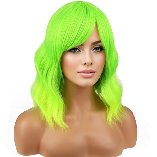 PATTNIUM Lime Green Wig Short Wavy Wig Fluorescent Green Wig for Women Girls Green Wig Bangs Synthetic Wig with Wig Cap (Lime Green)