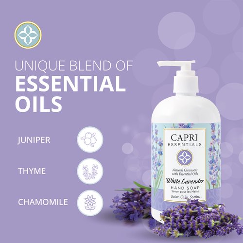 CAPRI ESSENTIALS White Lavender Natural Hand Soap – Liquid Hand Soap with Essential Oils – Plant-Based Liquid Soap – Chemical-Free Hand Wash Soap – Relaxing Natural Soap for Men & Women (16 oz)
