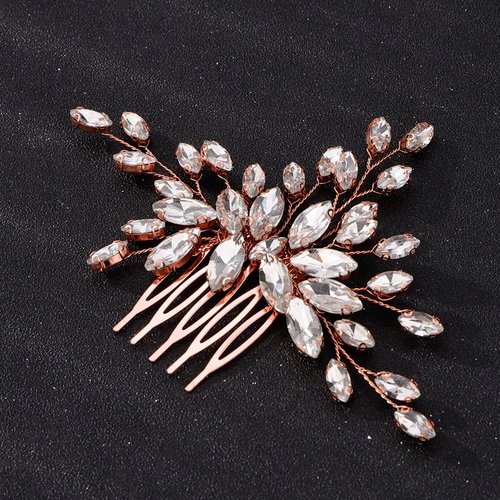 Teyglen Women Dainty Simple Full Rhinestones Rose Gold Bride Wedding Hair Comb Luxurious Hair Accessories Shiny Rhinestones Bridal Side Hair Combs for Women Bride Girls (Rose Gold)
