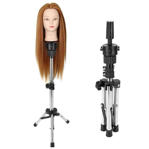 Wig Stand Tripod, Foldable Mannequin Head Stand Holder with Non-slip Feet Pad for Home Salon Cosmetology Hairdressing Training, Silver