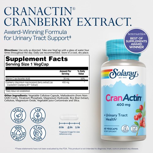 SOLARAY CranActin Cranberry Extract 400 mg - Cranberry Supplements for Women and Men - Bladder and Urinary Tract Health Support with Vitamin C - Vegan, 60-Day Guarantee, 60 Servings, 60 VegCaps