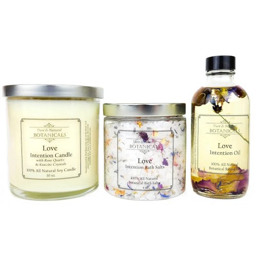 Love Intention Ritual Spa Set | 100% Natural | 10 oz Soy Candle, 4 oz Intention Oil, 8 oz Bath Salts | Attraction, Commitment, Seduction Rituals | Wiccan, Pagan, Spiritual Gift
