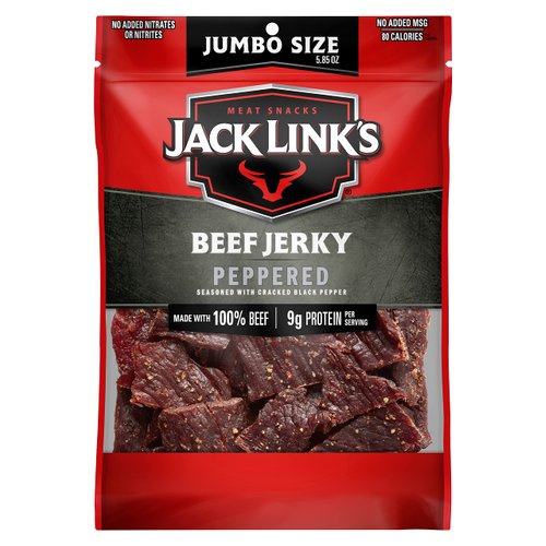 Jack Link's Beef Jerky, Peppered, Sharing Size Bag – Meat Snack with 9g of Protein & 80 Calories, Made with Premium Beef, No added MSG** or Nitrates/Nitrites, 5.85oz