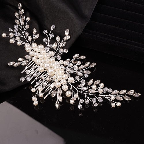 Teyglen Bridal Crystal Pearl Hair Comb with Rhinestone Beads - Luxurious Handmade Wedding Headpiece for Brides, Women, and Girls (Silver)