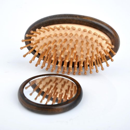 Maji Mama Handmade Oval Wooden Hair Brush Mini Cosmetic Mirror Set,Mini Travel Portable Hairbrush with Bamboo Pins/Boar Bristles (Bamboo Pins)