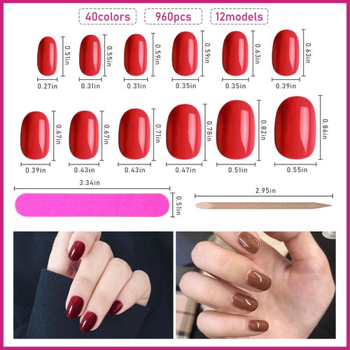 EBANKU 960pcs Short Colorful False Nails for Women Oval Press on Nails Glossy Acrylic Full Cover Artificial Fake Nail Tips with Nail File Nail Stick