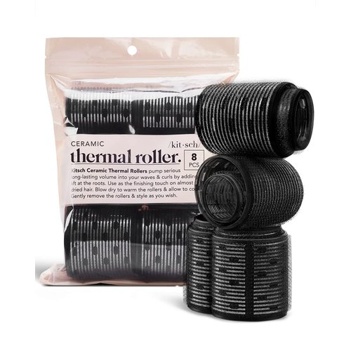 Kitsch Ceramic Thermal Rollers - Self Grip Hair Rollers for Blowout Look Long Hair, Curlers for Short Hair and Medium Hair, Volume Curls, Ceramic Coated Core, Easy to Use, All Hair Length - Black, 8pc