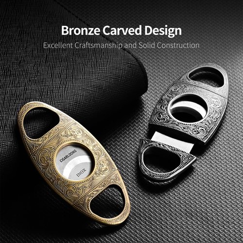 CIGARLOONG Cigar Cutter Stainless Steel Bronze Engraved Double Cut Blade (Color:Gold1)
