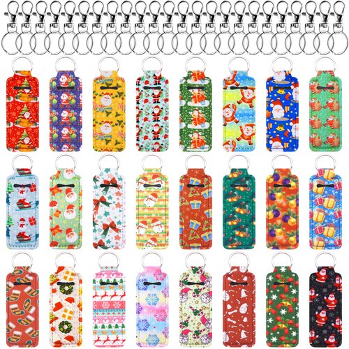 Duufin 24 Pieces Christmas Chapstick Holder Keychain Bulk Lip Balm Holder Neoprene Lipstick Holder Keychain with 24 Pieces Metal Clip Cords for Chapstick Tracker and Safeguard, 24 Christmas Style