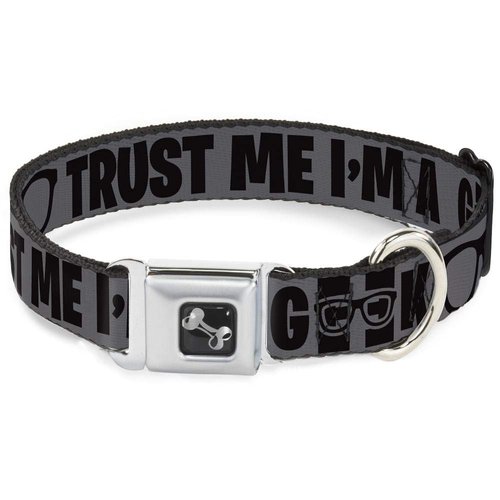 Dog Collar Seatbelt Buckle Im A Geek Glasses Gray Black 9 to 15 Inches 1.0 Inch Wide