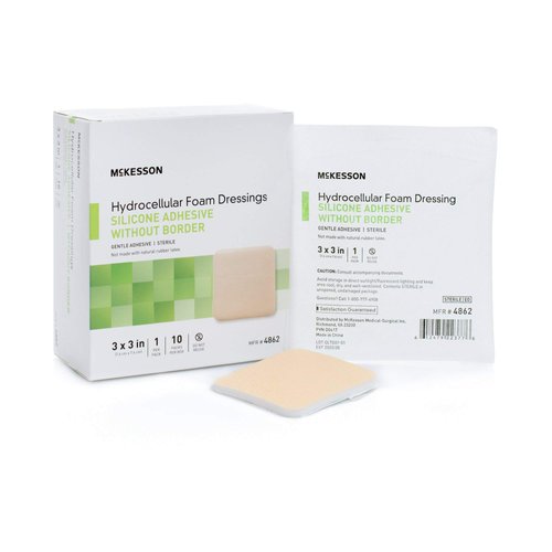 McKesson Hydrocellular Foam Dressing, Sterile, Silicone Adhesive Without Border, 3 in x 3 in, 10 Count, 1 Pack