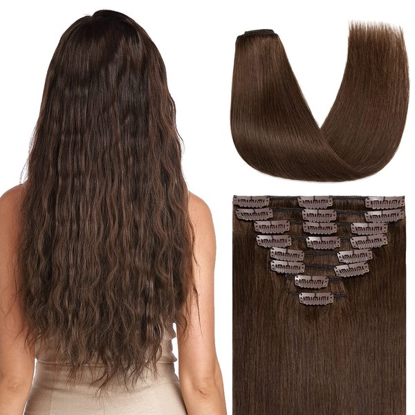 S-noilite Hair Extensions Clip in Extensions Seamless Weft Clip in Human Hair Extensions for Women Thin Remy Hair Clip ins Medium Brown 8 Inch 45g 8PCS #4