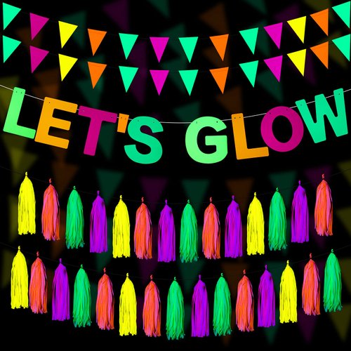 Outus Neon Party Supplies Includes Let&#39;s Glow Banner 20 Pieces Neon Paper Tassels and Neon Triang...