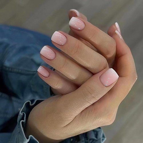 MUZOXEN French Tip Press on Nails Short Fake Nails Glossy Nude Pink Square Acrylic Nails Full Cov...
