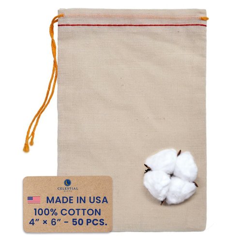 Celestial Gifts Muslin Bags - 100% Cotton Drawstring Bags Medium 50pcs, 4x6, Reusable Tea Bags, Jewelry Gift, Spice and Pouch Gift Sachet Bags - Made in USA - (Red Hem and Orange Drawstring)