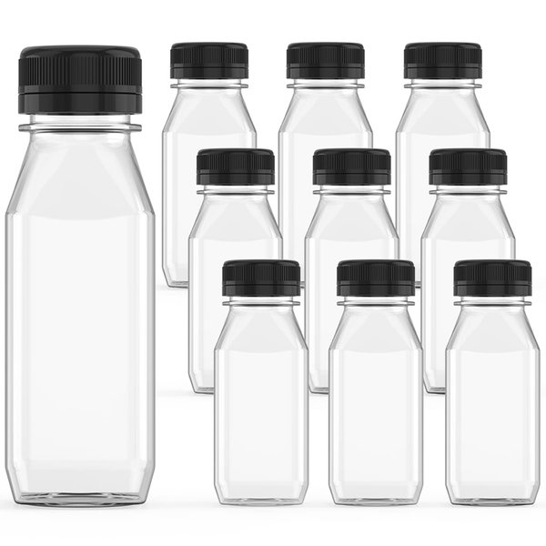 10 Pcs 8 oz Plastic Juice Bottl, Reusable Transparent Bulk Beverage Container With Black Lid, Suitable For Juice, Milk And Other Beverages