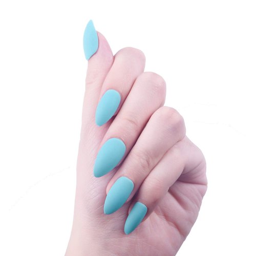 SIUSIO 96Pcs Colorful Acrylic Fake Nails Press on Colorful Full Cover Matte Top Coat Nail for Salons and DIY Covered Gel False Nails Art Tips Sets Medium Stiletto for Women and Girls（Skylike Blue）