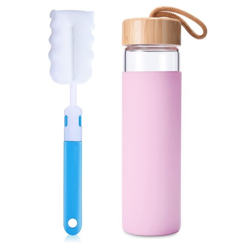 Yomious 20 Oz Borosilicate Glass Water Bottle with Bamboo Lid and Silicone Sleeve – Reusable BPA Free – Glass Drinking Bottle with Lids - Cute Glass Bottle for Women - Glass Shaker Bottle