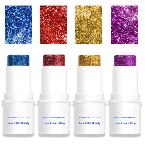 LOKFAR Body Glitter & Face Glitter Makeup Stick, Multiuse Waterproof Face Glitter Gel for Face Body Hair Eye Lip, Hair Glitter Face Paint, Mermaid Accessories Makeup (Red, Blue, Purple, Gold)