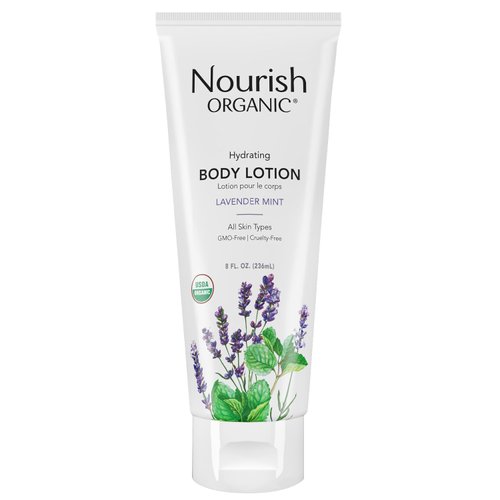 Nourish Organic Body Lotion, Lavender Mint – Hydrating Body Lotion for Dry Skin with Certified Organic Aloe Vera, Shea Butter, Coconut Oil & Cocoa Butter (8 Oz) + Washable Cotton Round