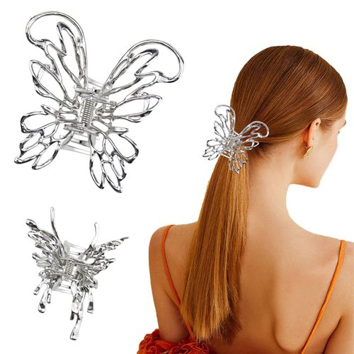 2 PACK Silver Metal Butterfly Hair Clips for Women Thick Hair Claw Clip